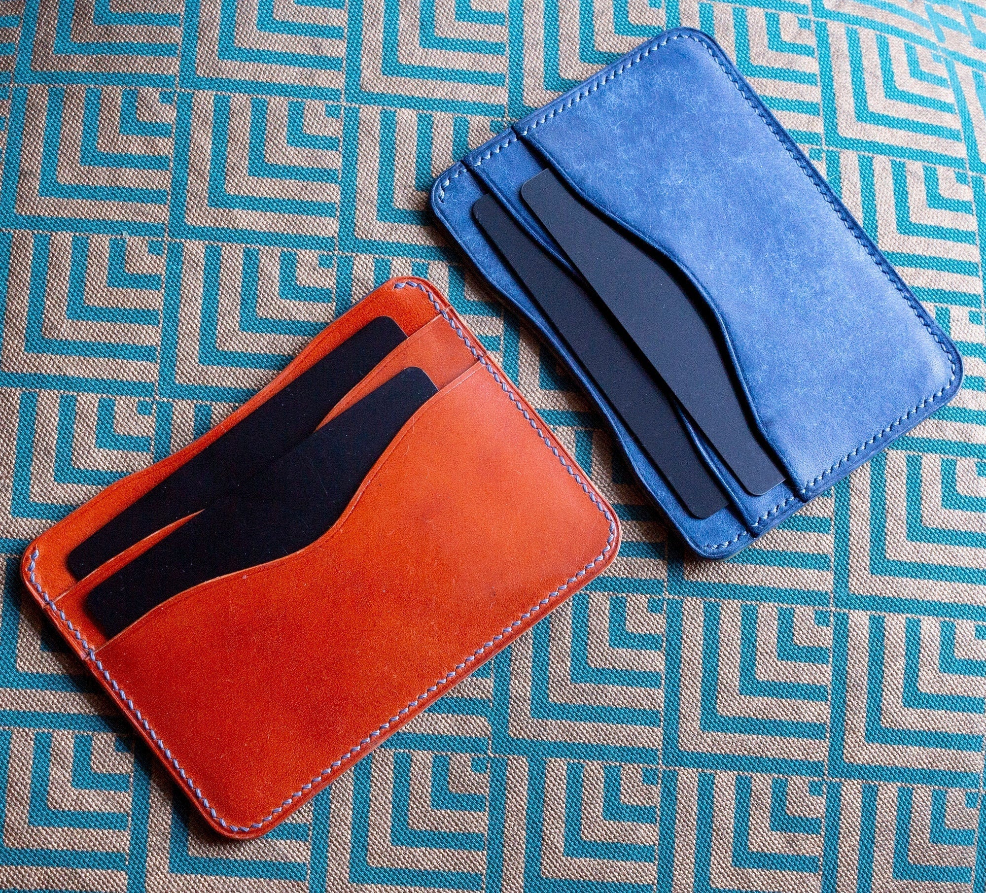 Minimalist Leather Card Wallet 3 pockets Orange and Blue Vegetable Tan