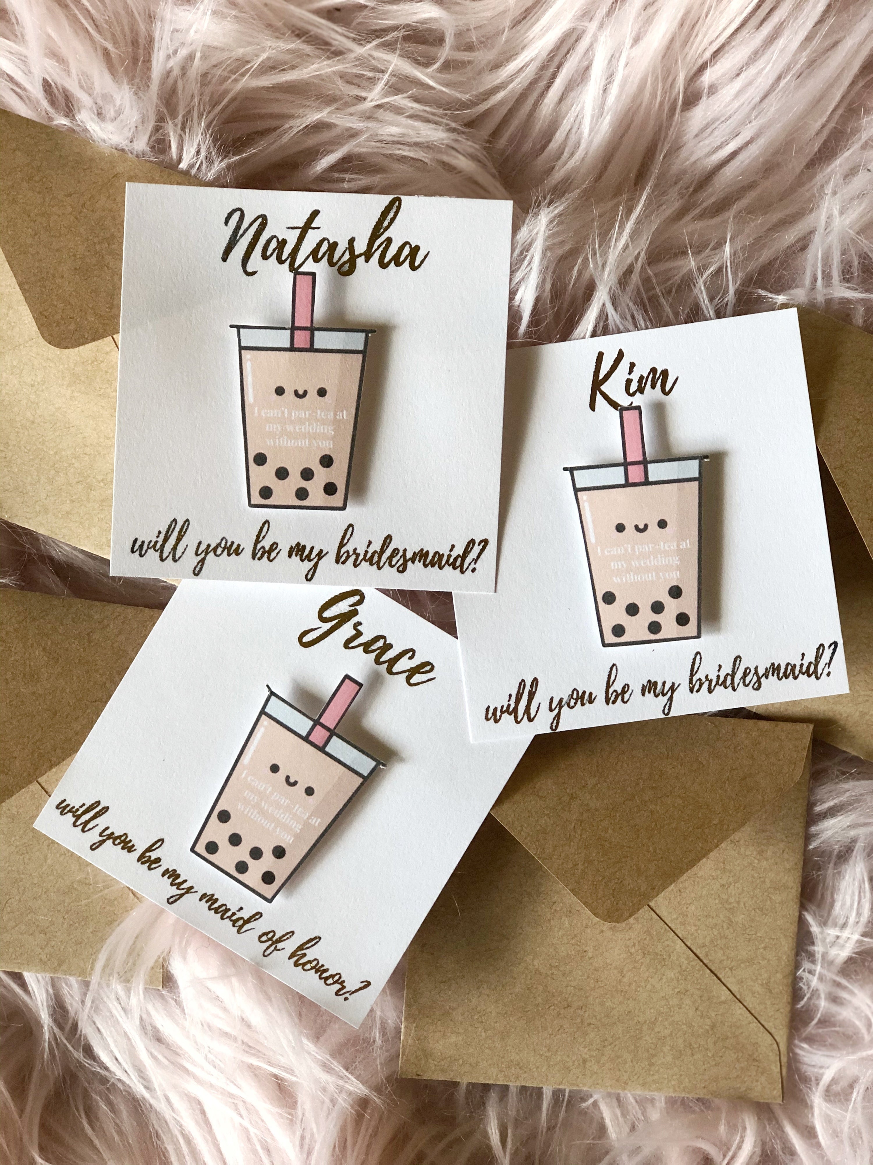 Foiled card only 3” x 3” Boba Bridal, Wedding Announcement Cards, “I Can’t Par Tea At My Wedding Without You”