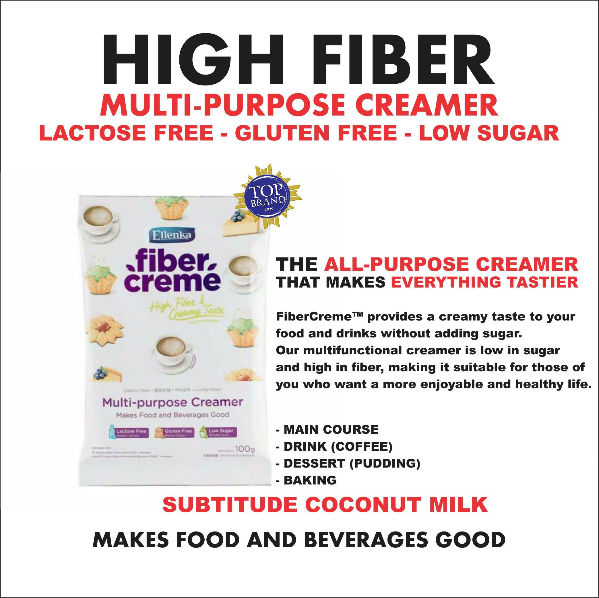 Ellenka Fiber Creme Multi Purpose Creamer High Fiber Lactose Free Gluten Free Low Sugar Non Dairy Creamer Non GMO 100g