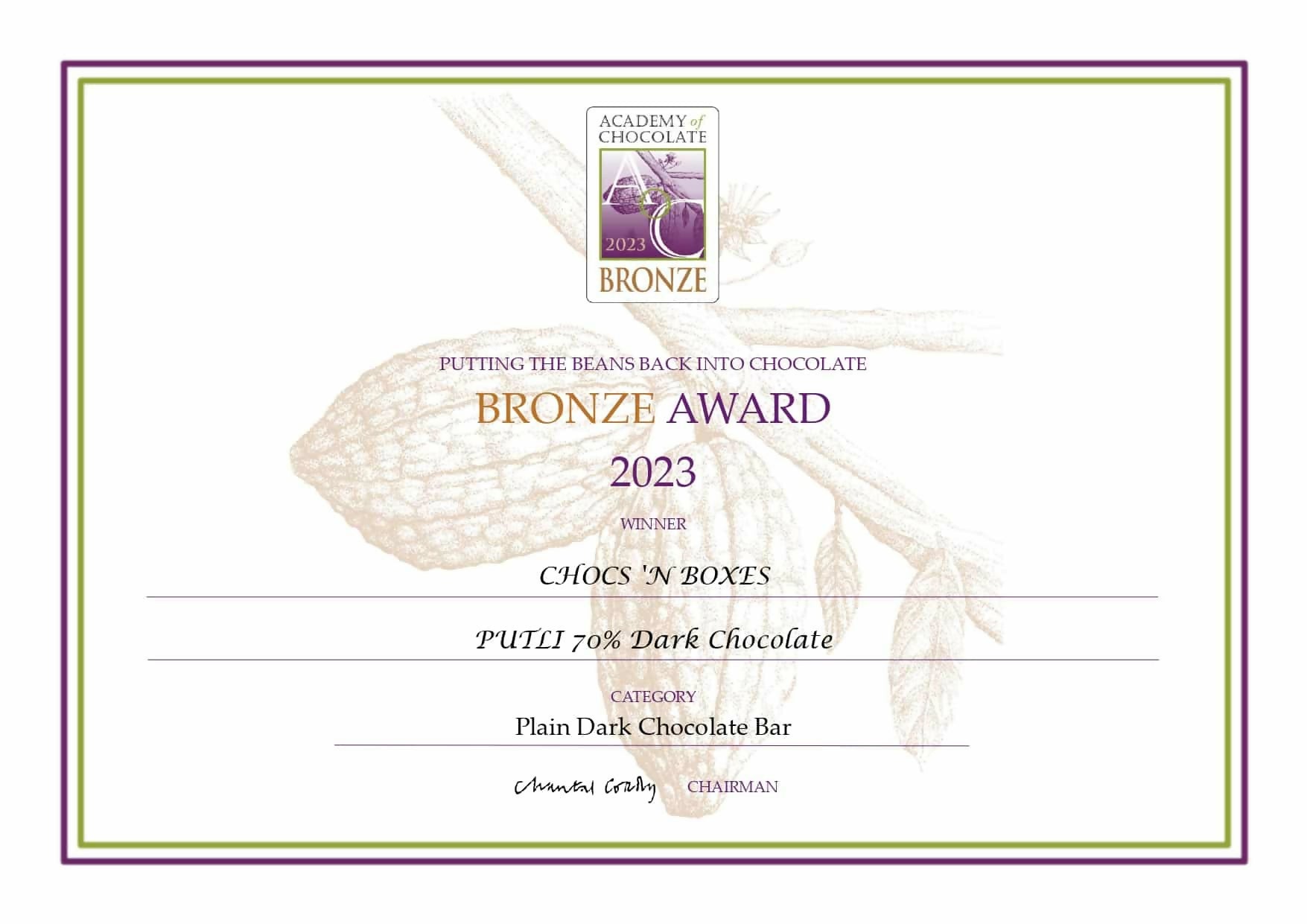 PUTLI 70% Dark Chocolate Bar Award Certificate