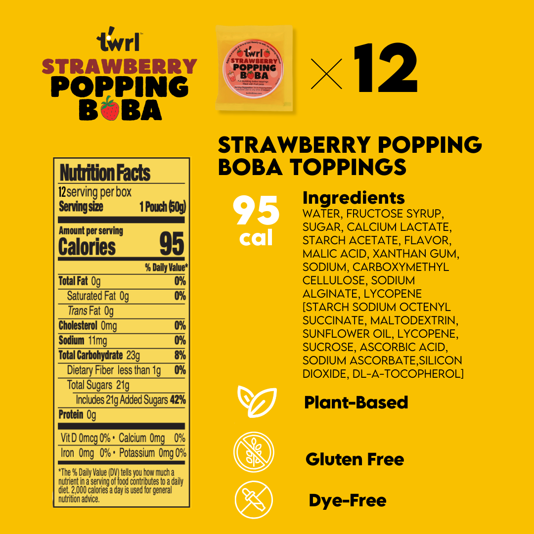 Strawberry Popping Boba 12-Pack - Single Serve, Dye-Free, Vegan