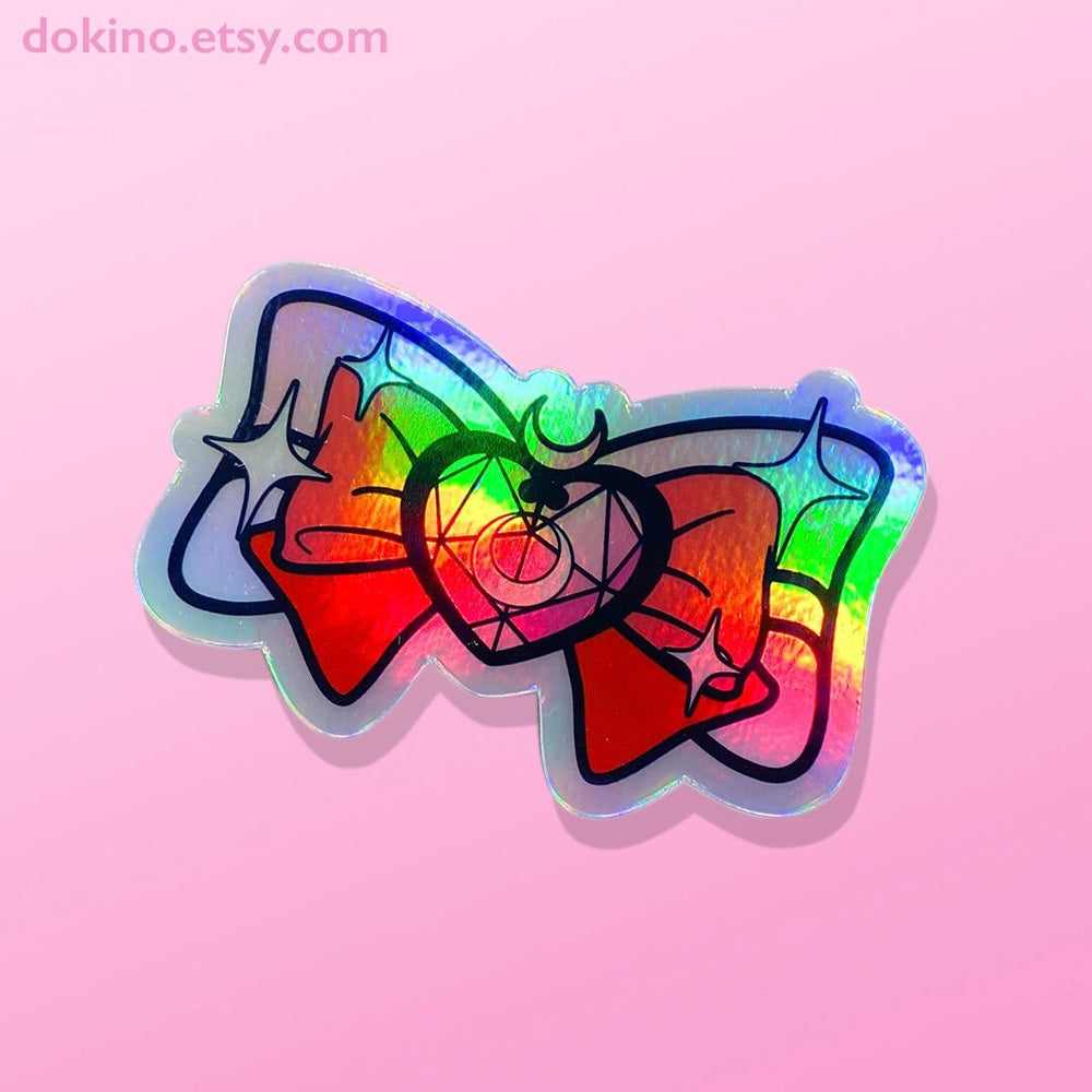 SAILOR CHIBI MOON Cute Bow Holographic Vinyl Waterproof Sticker - Sailor Guardians Classic Kawaii Anime Usagi Tsukino Crystal Compact