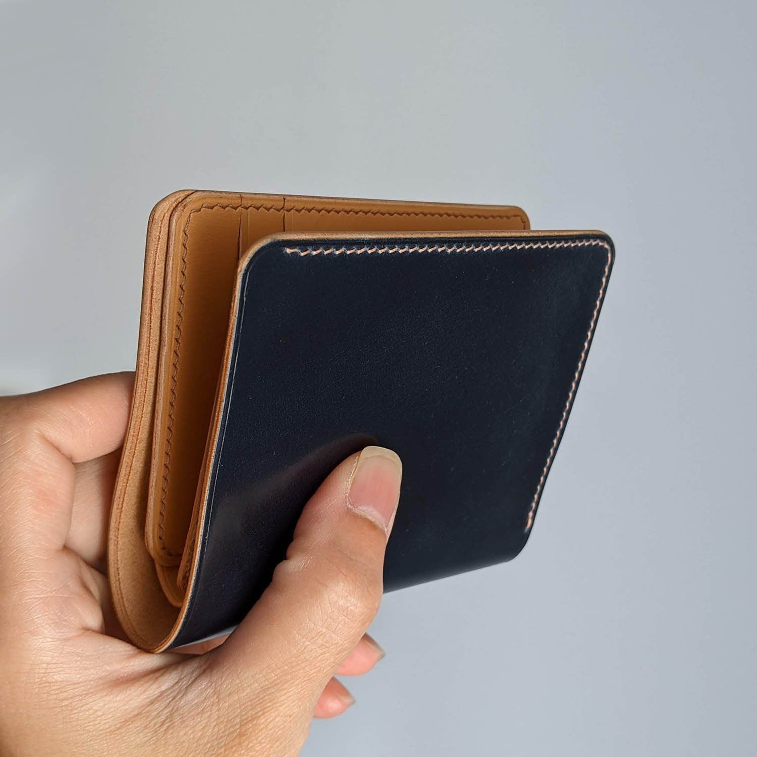 Made to Order Shell Cordovan Handmade Pocket Organizer Bifold Vertical Wallet Navy Blue and Natural Italian Vegetable Tanned Leather with Bill Divider