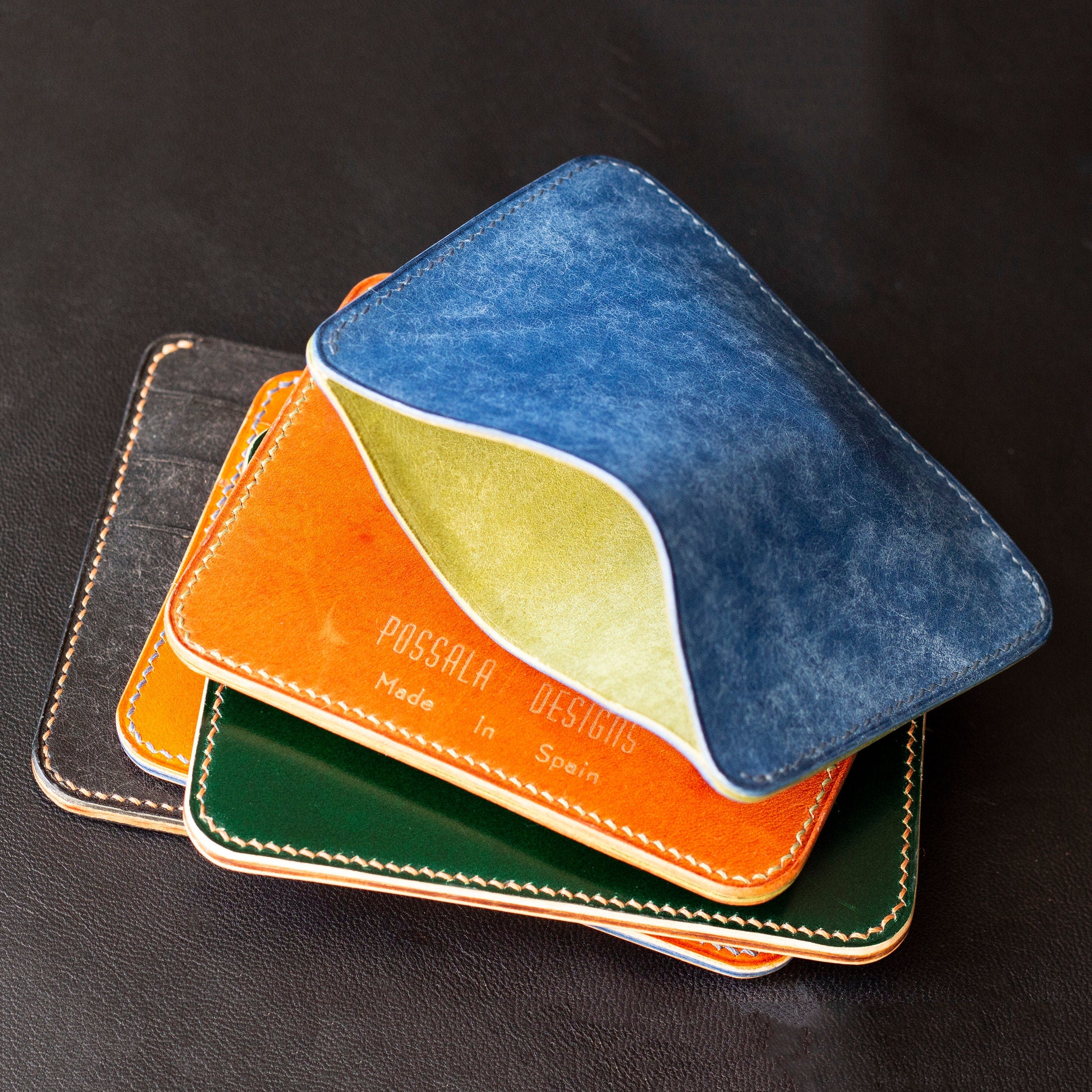Minimalist Leather Card Wallet 3 pockets Orange and Blue Vegetable Tan